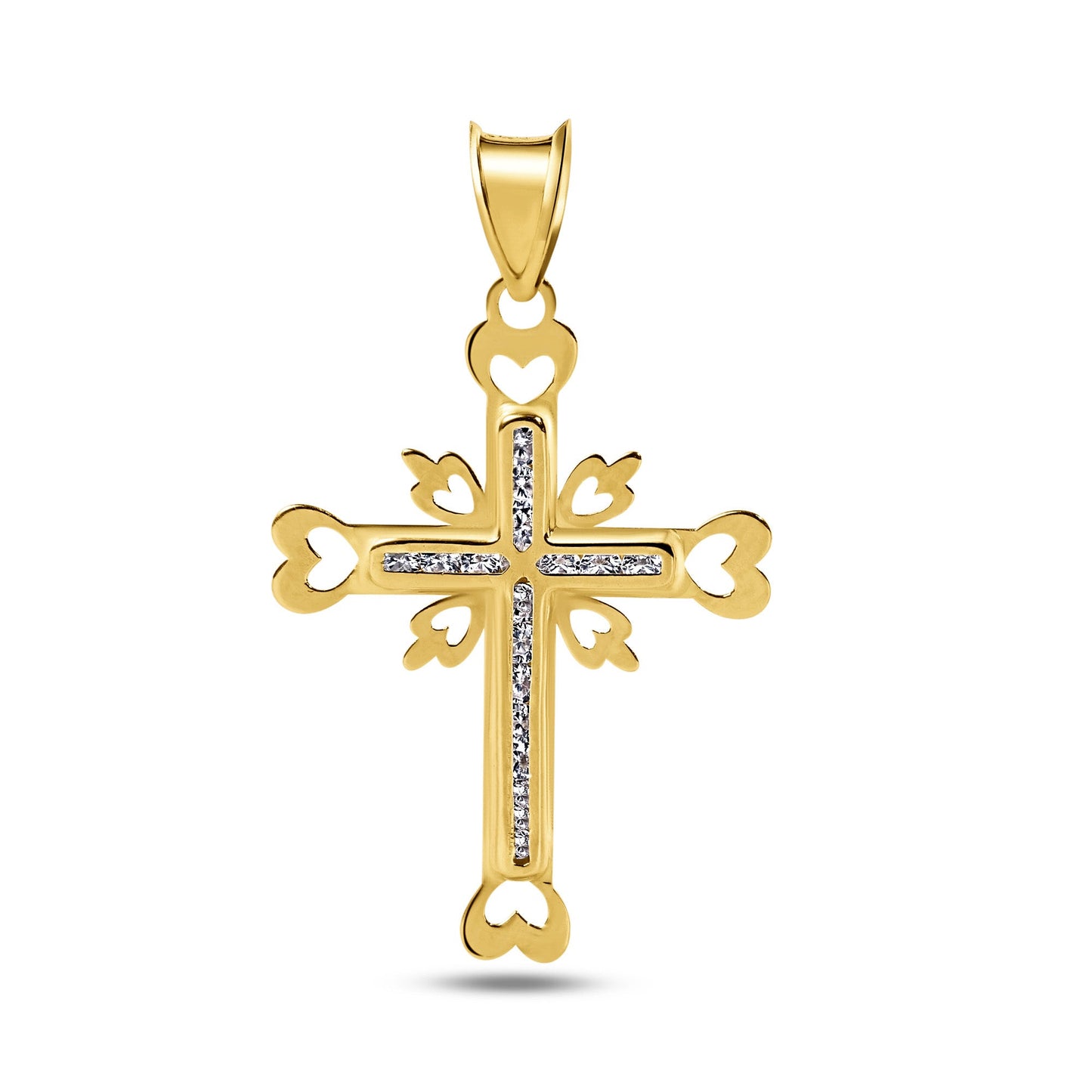 14P00072 - 14 Karat Yellow Gold Cross Heart Cutout Clear CZ Pendant