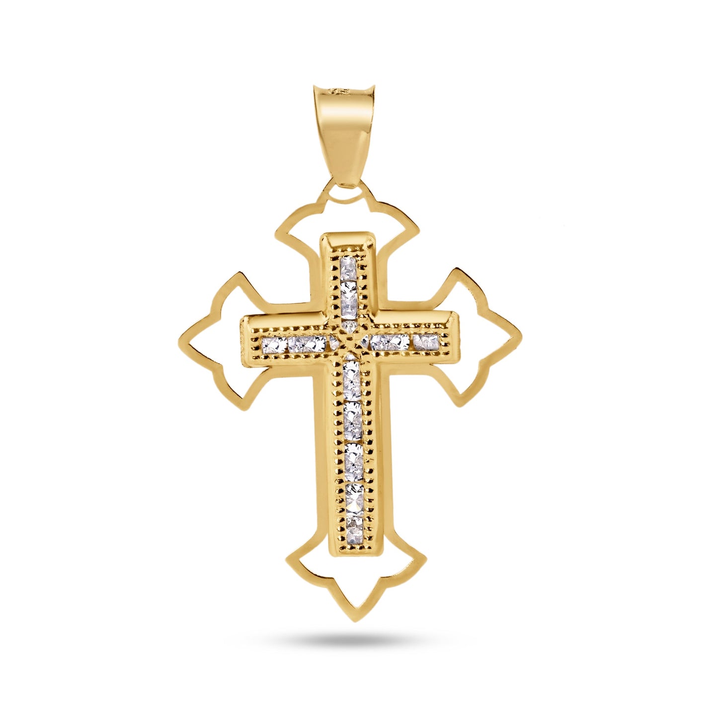 14P00074 - 14 Karat Yellow Gold Bordered Cross Baguette Clear CZ Pendant