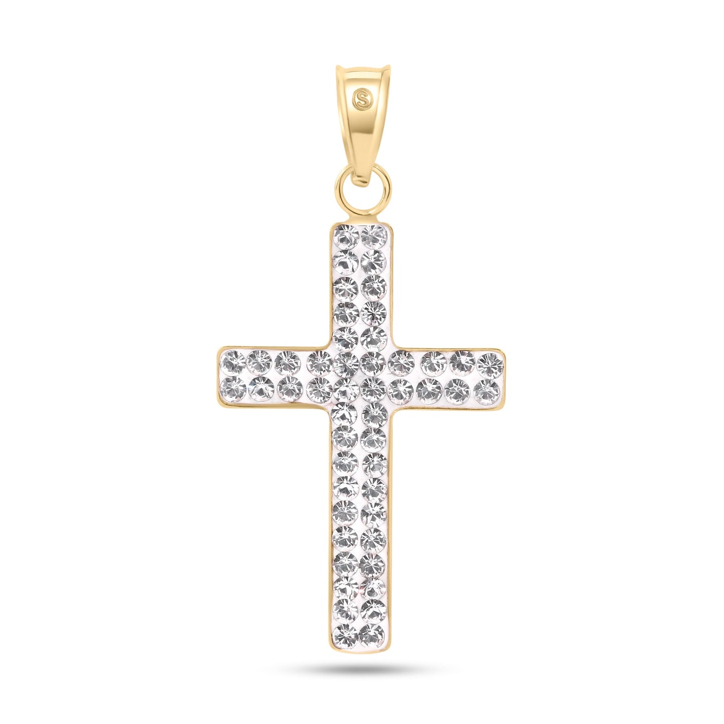 14P00076. - 14 Karat Yellow Gold 2 Sided Patterned Cross Clear CZ Pendant