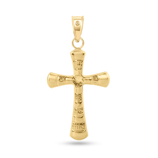 14P00079. - 14 Karat Yellow Gold 2 Sided Patterned Hollow Tube Cross Pendant