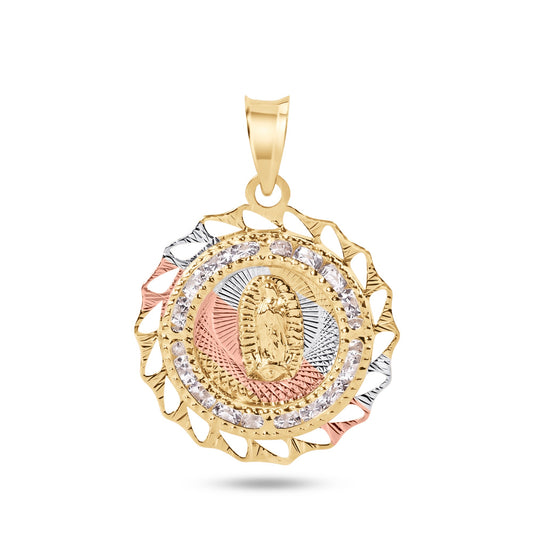 14P00089. - 14 Karat Yellow Gold 2 Tone 20mm Diamond Cut Bezel Our Lady of Guadalupe Clear CZ Pendant