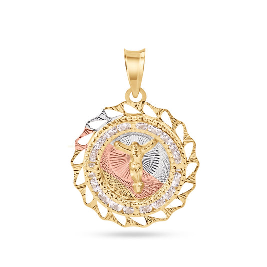 14P00090. - 14 Karat Yellow Gold 2 Tone 20mm Diamond Cut Bezel Jesus Christ Clear CZ Pendant