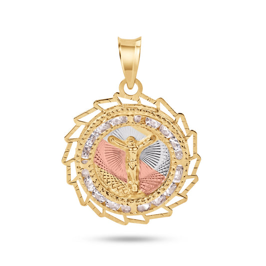 14P00092. - 14 Karat Yellow Gold 2 Tone 20mm Diamond Cut Sharp Edge Bezel Jesus Christ Clear CZ Pendant