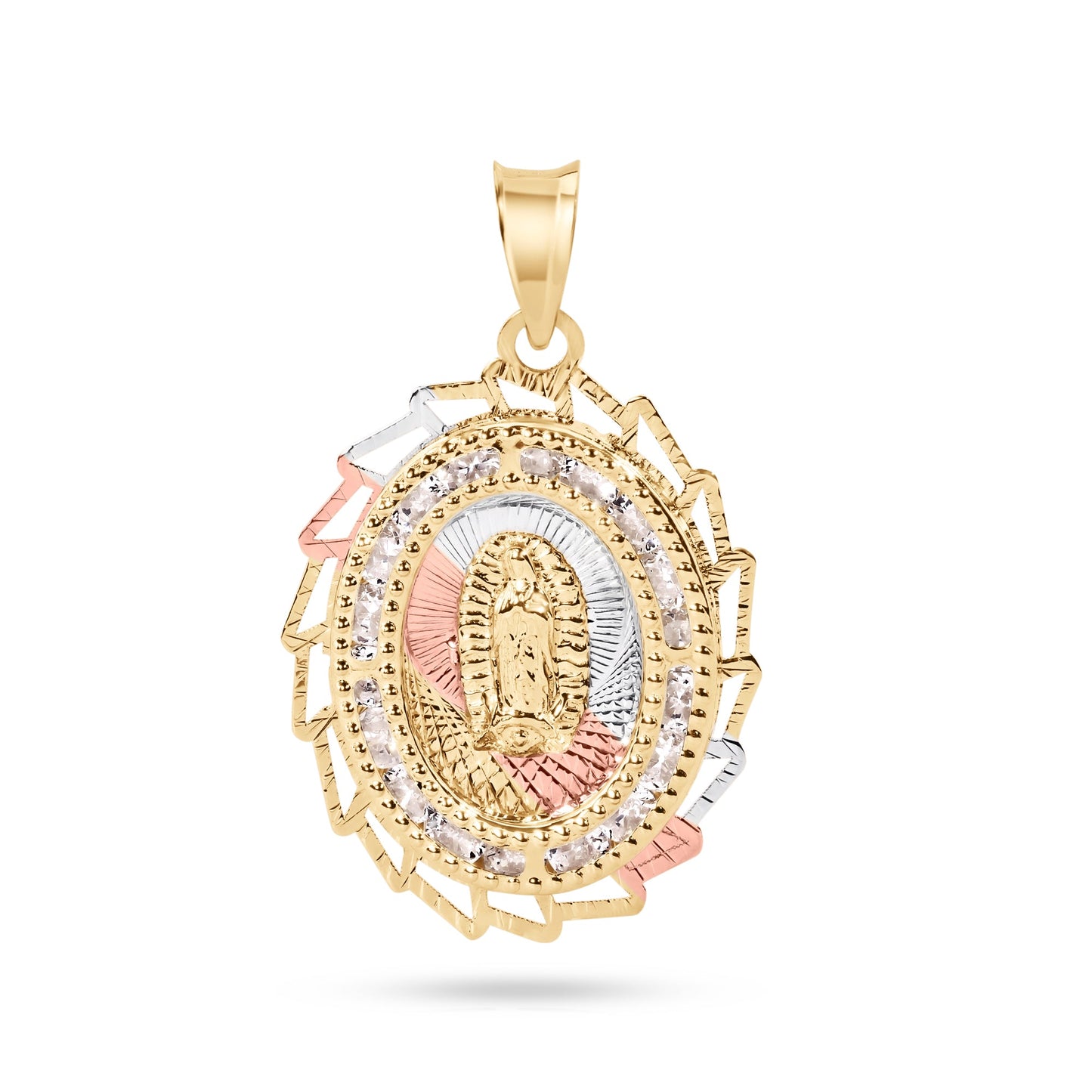 14P00096. - 14 Karat Yellow Gold 2 Tone 20mm Diamond Cut Oval Sharp Edge Bezel Guadalupe Clear CZ Pendant