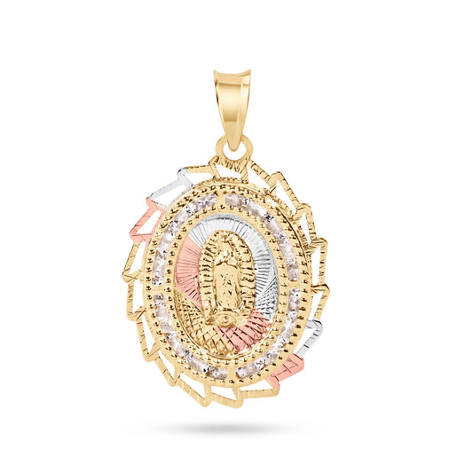 14P00096. - 14 Karat Yellow Gold 2 Tone 20mm Diamond Cut Oval Sharp Edge Bezel Guadalupe Clear CZ Pendant