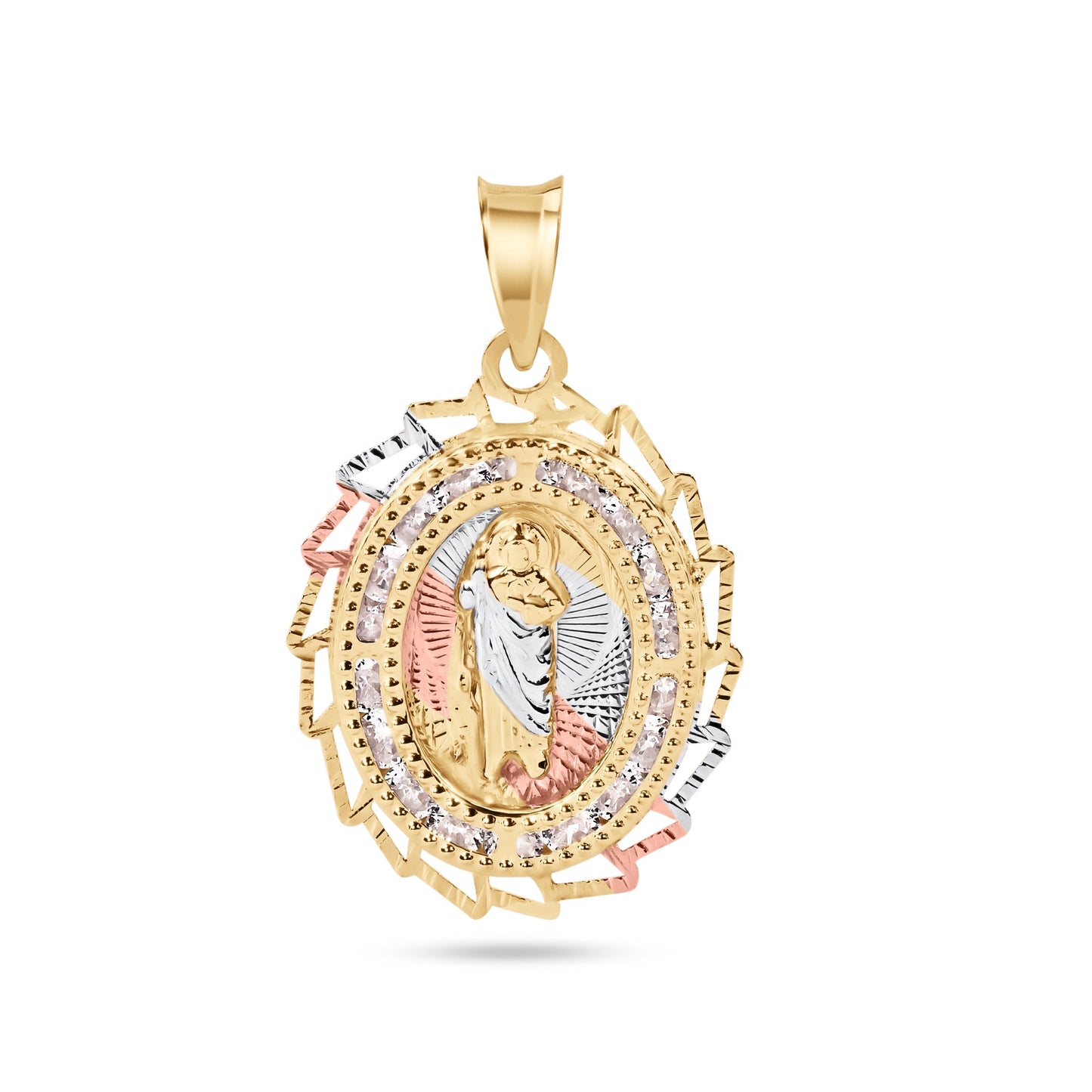 14P00098. - 14 Karat Yellow Gold 2 Tone 20mm Diamond Cut Oval Sharp Edge Bezel Saint Jude Clear CZ Pendant