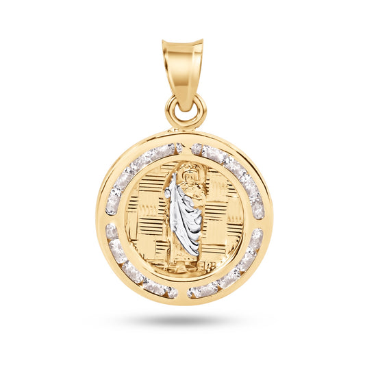 14P00101. - 14 Karat Yellow Gold 16mm Round Saint Jude Clear CZ Pendant