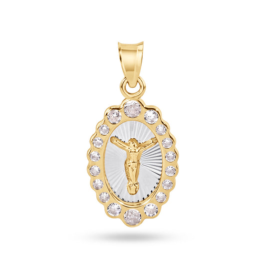 14P00102. - 14 Karat Yellow Gold 18mm Oval Jesus Christ Clear CZ Pendant