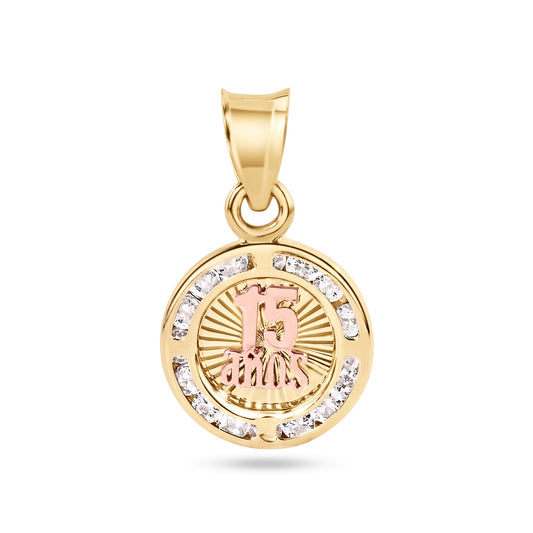 14P00110. - 14 Karat Yellow Gold 11.5mm Quinceañera 15 Anos Diamond Cut Clear CZ Pendant