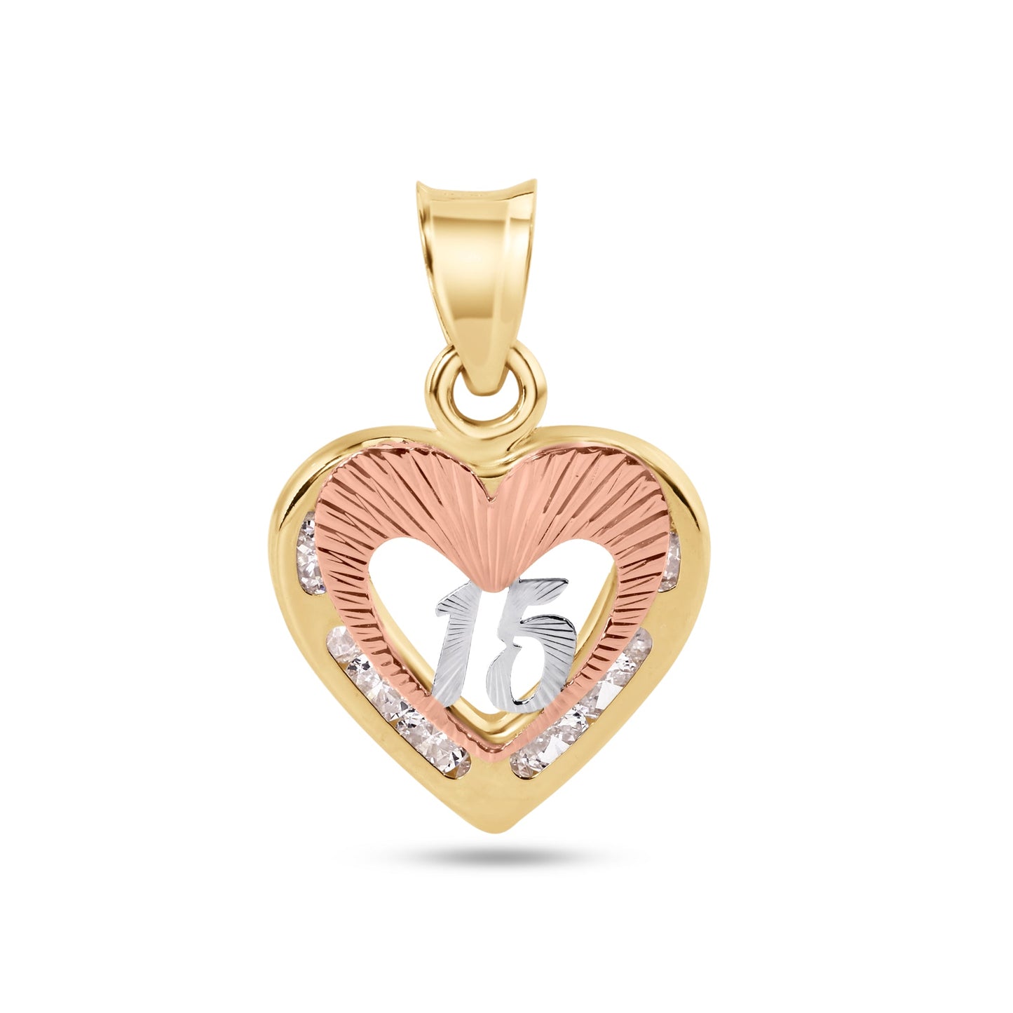 14P00115. - 14 Karat Yellow Gold Heart 2 Tone Quinceañera 15 Anos Diamond Cut Clear CZ Pendant