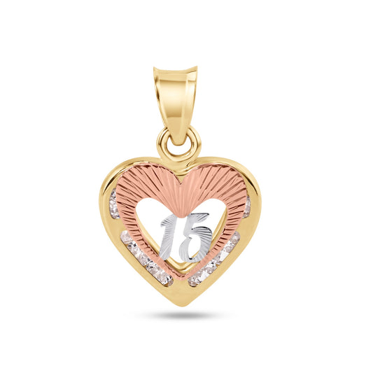 14P00115. - 14 Karat Yellow Gold Heart 2 Tone Quinceañera 15 Anos Diamond Cut Clear CZ Pendant