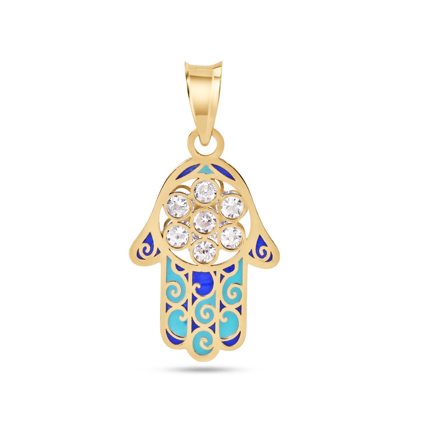 14P00116. - 14 Karat Yellow Gold Hamsa Enamel Turquiose and Blue with Clear CZ Pendant