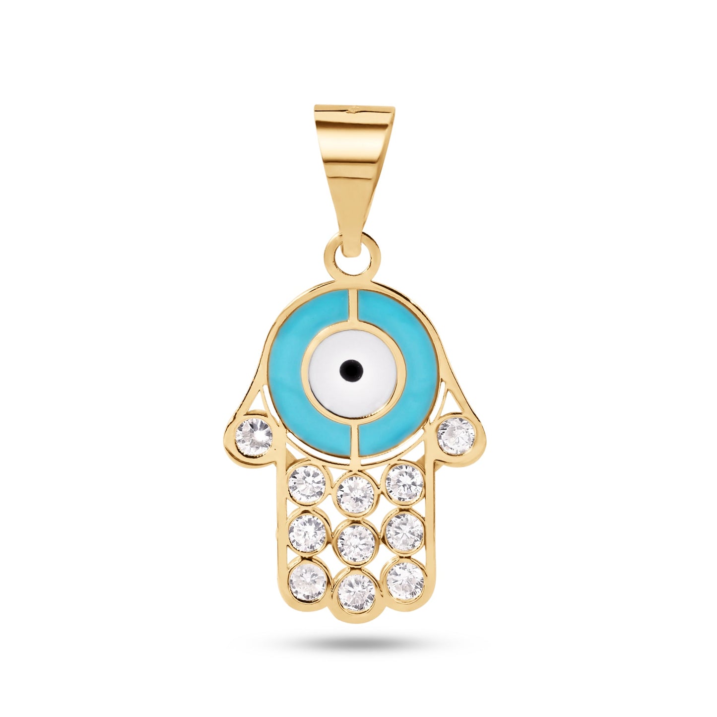 14P00117. - 14 Karat Yellow Gold Hamsa Enamel Turquiose and White with Clear CZ Pendant