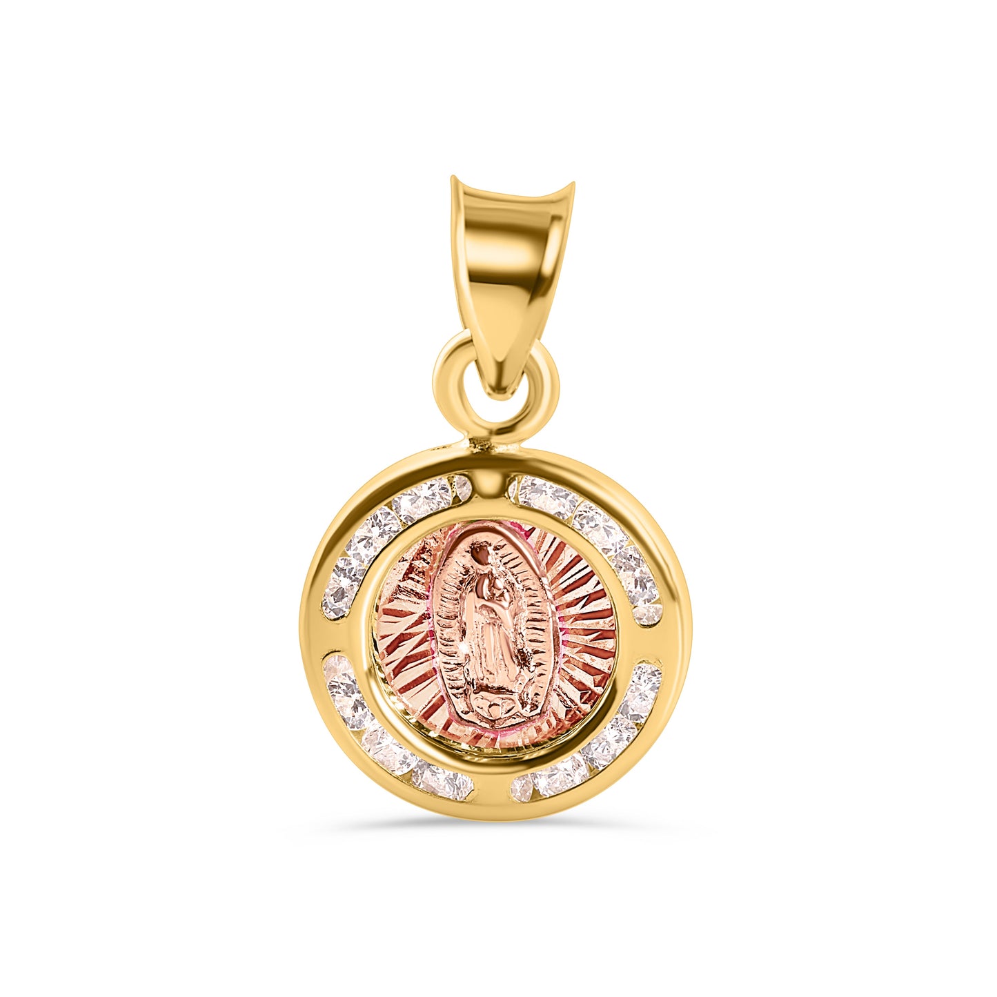 14P00124. - 14 Karat Yellow Gold Round Our Lady of Guadalupe Two Tone Diamond Cut Clear CZ 11mm Pendant