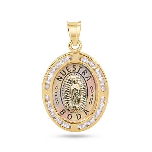 14P00178. - 14 Karat Yellow Gold Tri Color Nuestra Boda Our Lady of Guadalupe Christ CZ Pendant