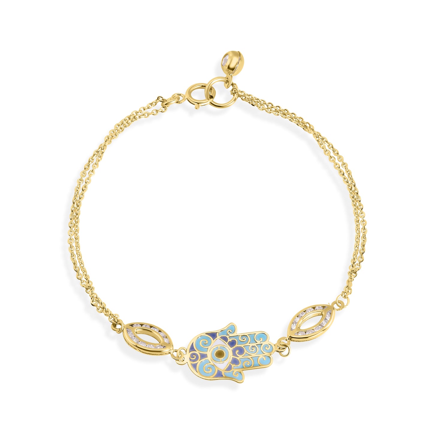 14B00001. - 14 Karat Yellow Gold  Double Strand 030 Cable Enamel Hamsa Clear CZ Bracelet