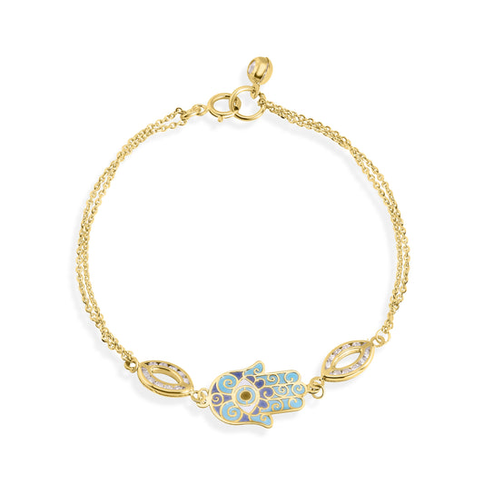 14B00001. - 14 Karat Yellow Gold  Double Strand 030 Cable Enamel Hamsa Clear CZ Bracelet