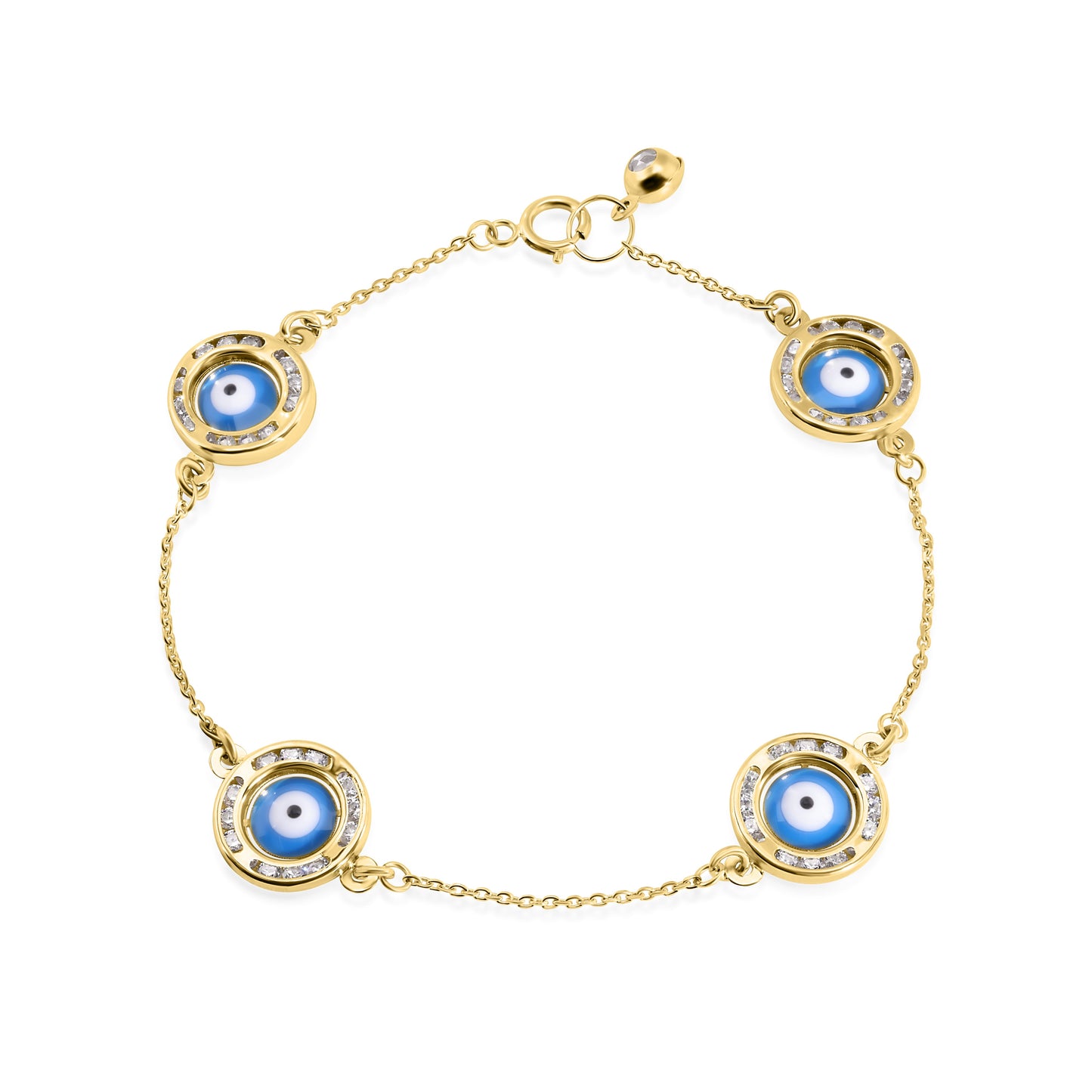 14B00002. - 14 Karat Yellow Gold 030 Cable Enamel 4 Evil Eye Charm Clear CZ Bracelet