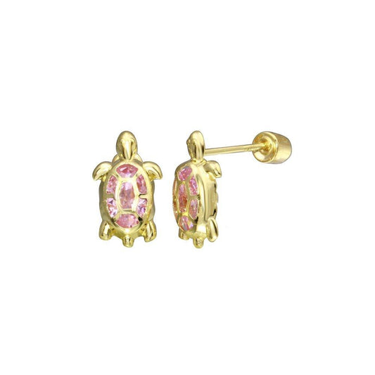 14 Karat Yellow Gold Turtle PINK CZ Screw Back Stud Earrings | Silver Palace Inc.