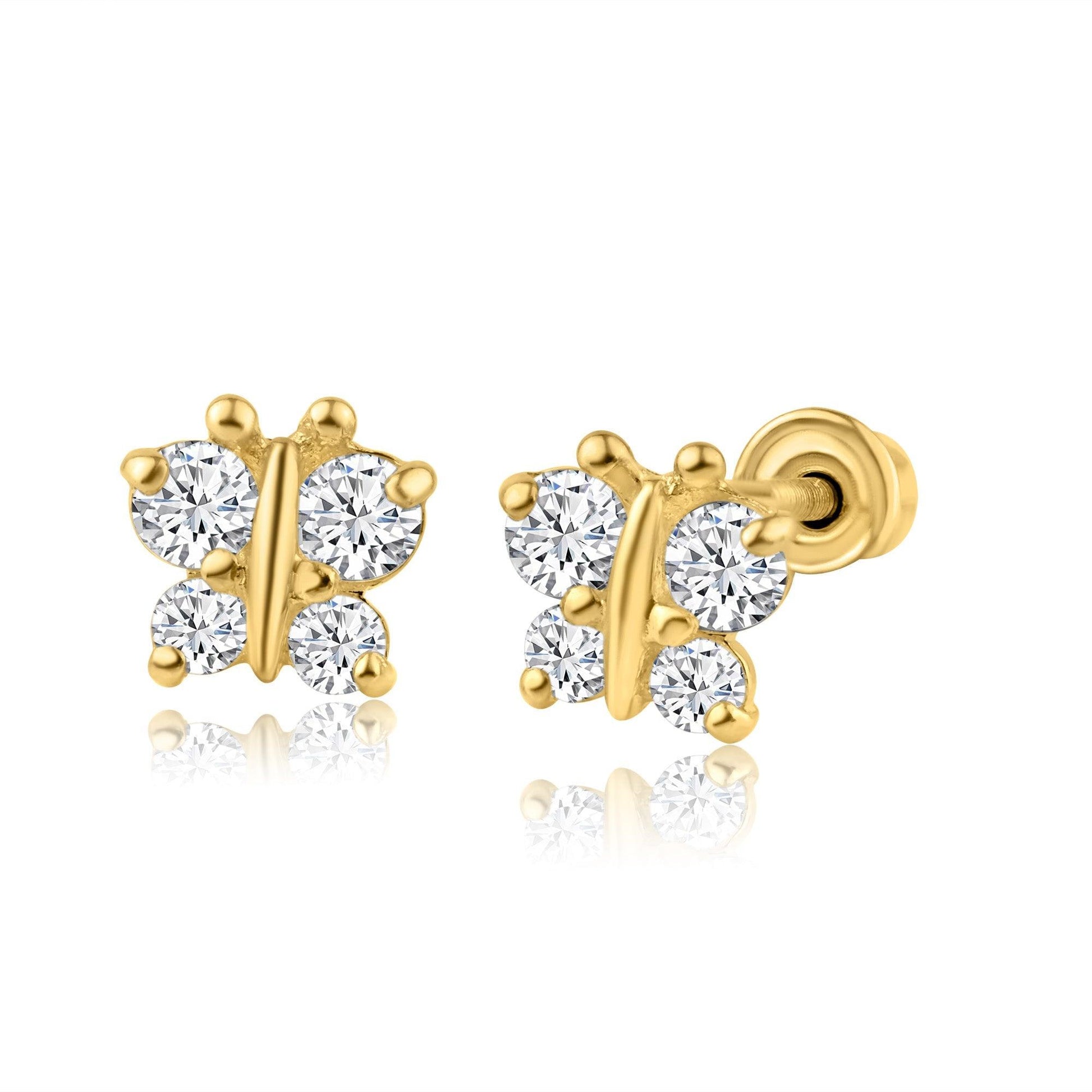 14 Karat Yellow Gold Butterfly CZ Screw Back Earring | Silver Palace Inc.