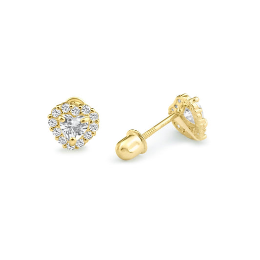 14 Karat Yellow Gold Heart Center Clear CZ Screw Back Stud Earrings | Silver Palace Inc.