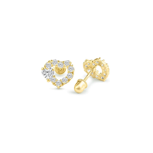 14 Karat Yellow Gold Open Heart Clear Round and Heart CZ Screw Back Stud Earrings | Silver Palace Inc.