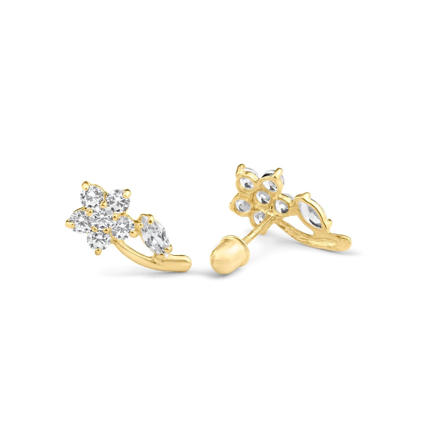 14 Karat Yellow Gold Flower Leaf Clear CZ Screw Back Stud Earrings | Silver Palace Inc.