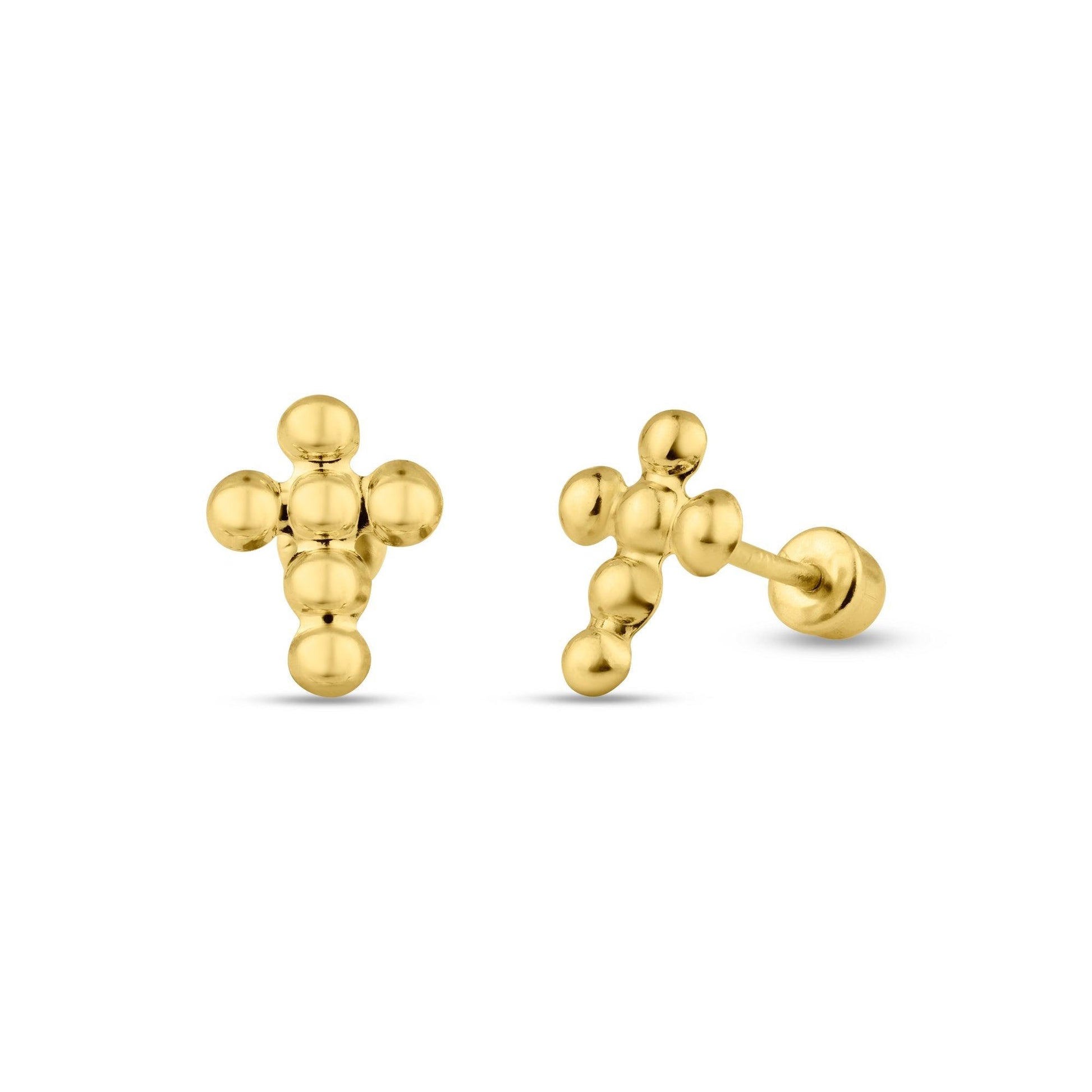 14 Karat Yellow Gold Beaded Cross Screw Back Stud Earrings | Silver Palace Inc.