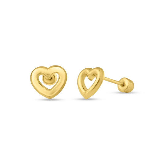 14 Karat Yellow Gold Open Heart Screw Back Stud Earrings | Silver Palace Inc.