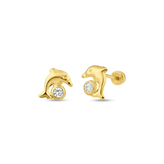 14 Karat Yellow Gold CZ Dolphin Screw Back Stud Earrings | Silver Palace Inc.