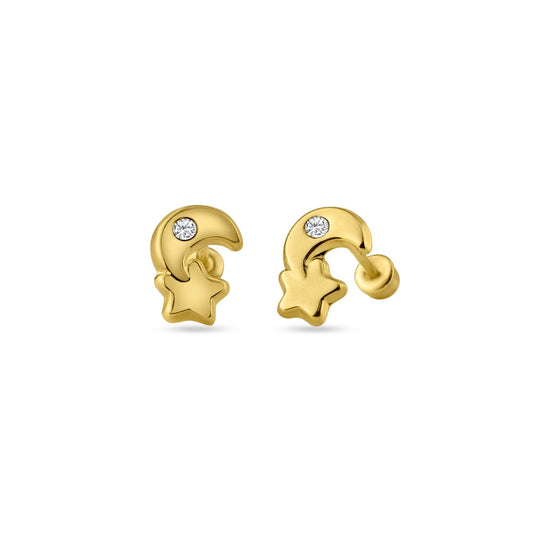 14 Karat Yellow Gold Moon Star CZ Screw Back Stud Earrings | Silver Palace Inc.