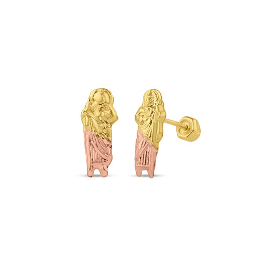 14 Karat Yellow Gold 3 Color Saint Jude Screw Back Stud Earrings | Silver Palace Inc.