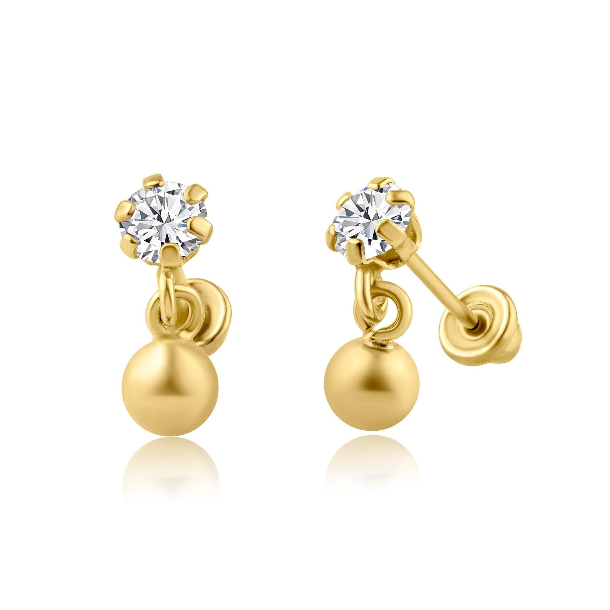 14 Karat Yellow Gold Dangling Ball CZ Screw Back Earring | Silver Palace Inc.