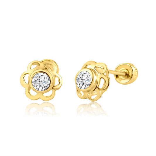 14 Karat Yellow Gold Flower Screw Back Earring | Silver Palace Inc.