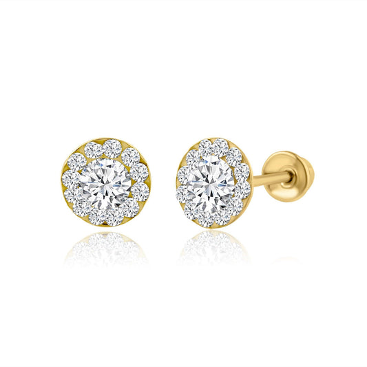 14 Karat Yellow Gold Round CZ Screw Back Earring | Silver Palace Inc.