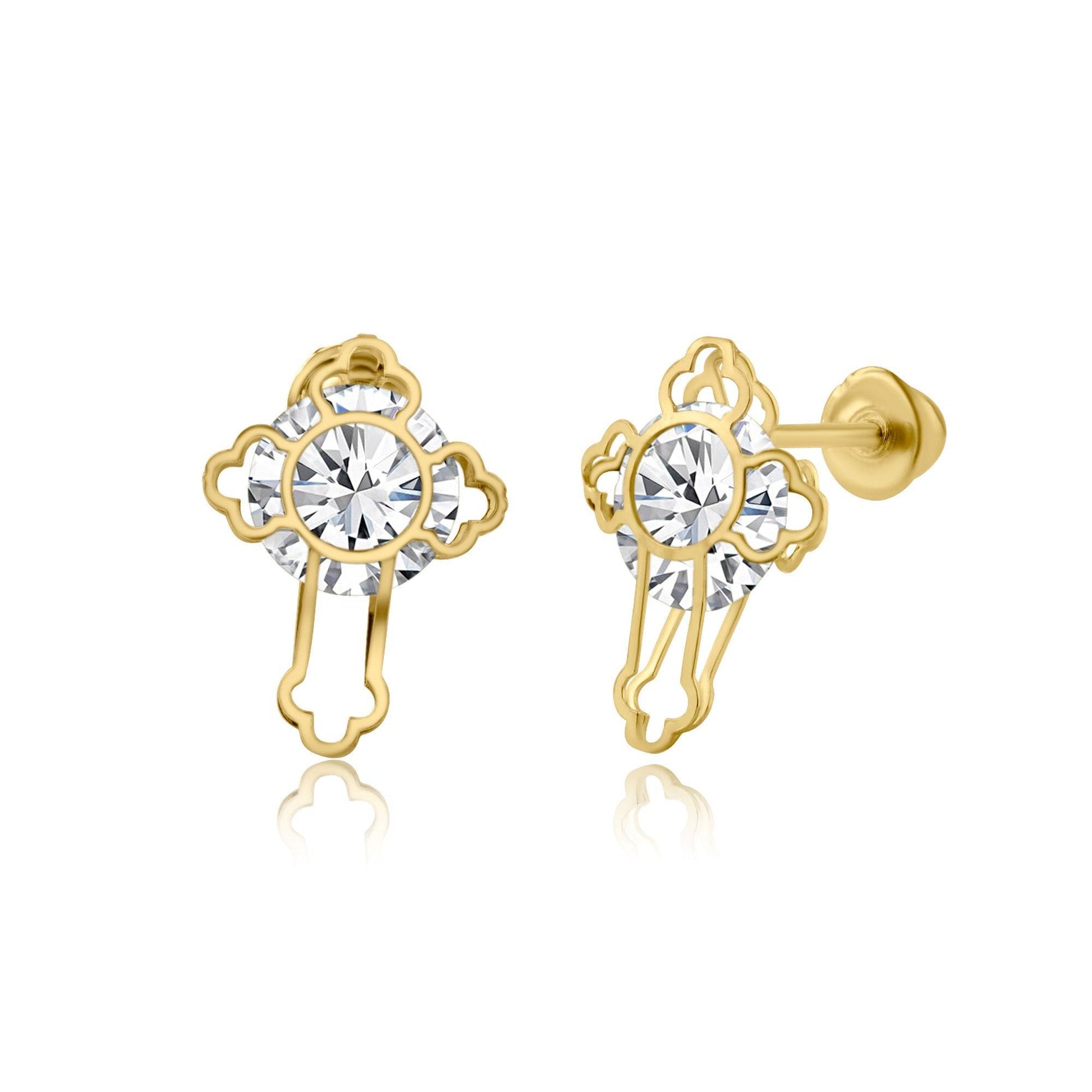 14 Karat Yellow Gold Laser Cut CZ Screw Back Earring | Silver Palace Inc.