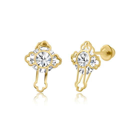 14 Karat Yellow Gold Laser Cut CZ Screw Back Earring | Silver Palace Inc.