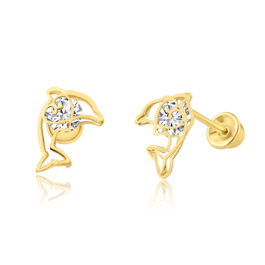 14 Karat Yellow Gold CZ Open Dolphin Screw Back Earring | Silver Palace Inc.