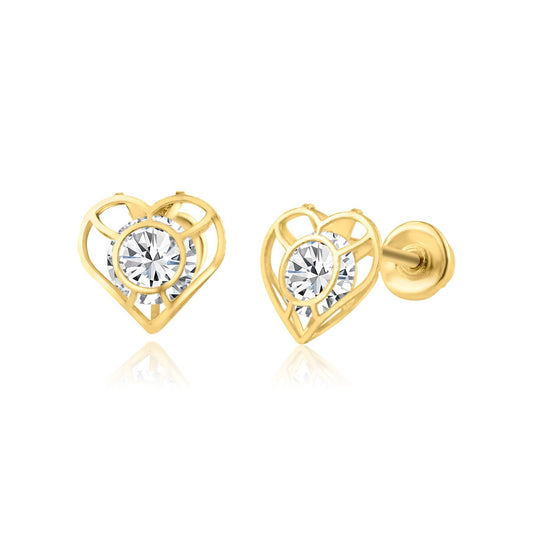 14 Karat Yellow Gold CZ Open Heart Screw Back Earring | Silver Palace Inc.