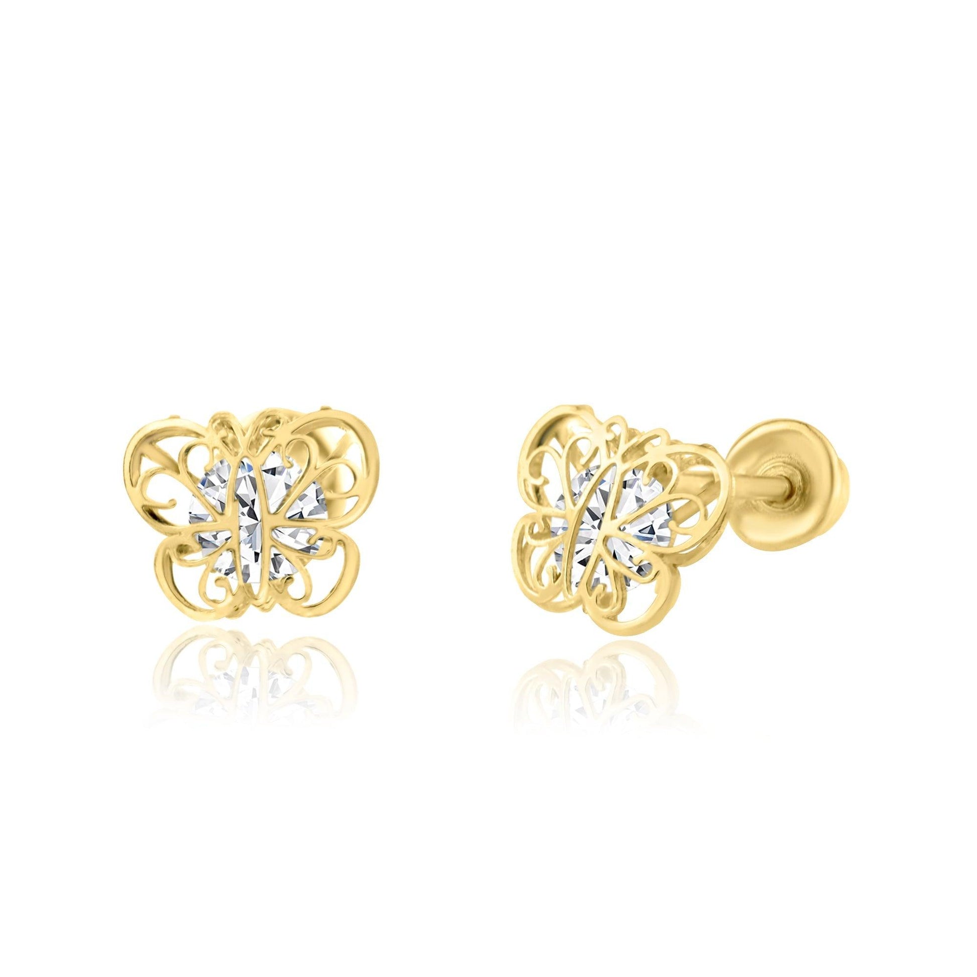 14 Karat Yellow Gold CZ Butterfly Screw Back Earring | Silver Palace Inc.