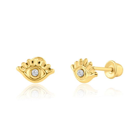 14 Karat Yellow Gold CZ Eyes Screw Back Earring | Silver Palace Inc.