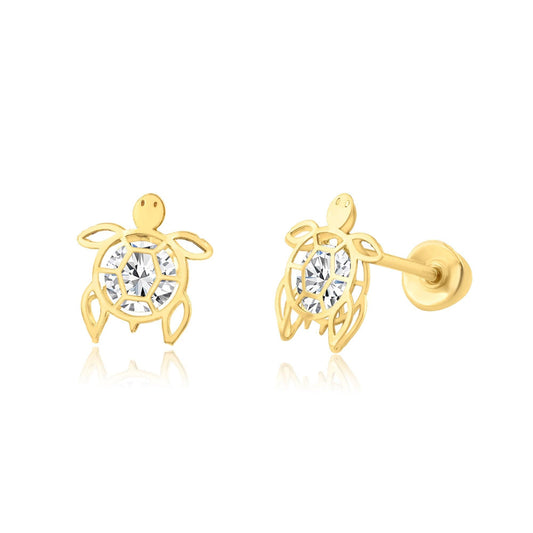 14 Karat Yellow Gold CZ Turtle Screw Back Earring | Silver Palace Inc.