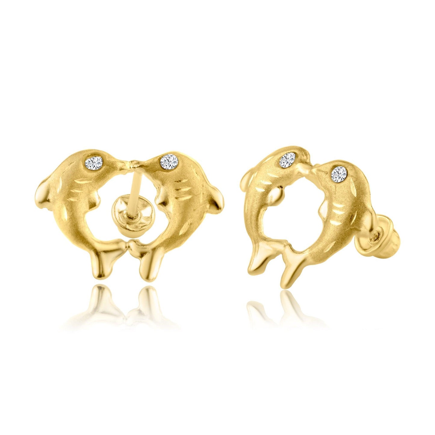 14 Karat Yellow Gold CZ Kissing Dolphin Screw Back Earring | Silver Palace Inc.