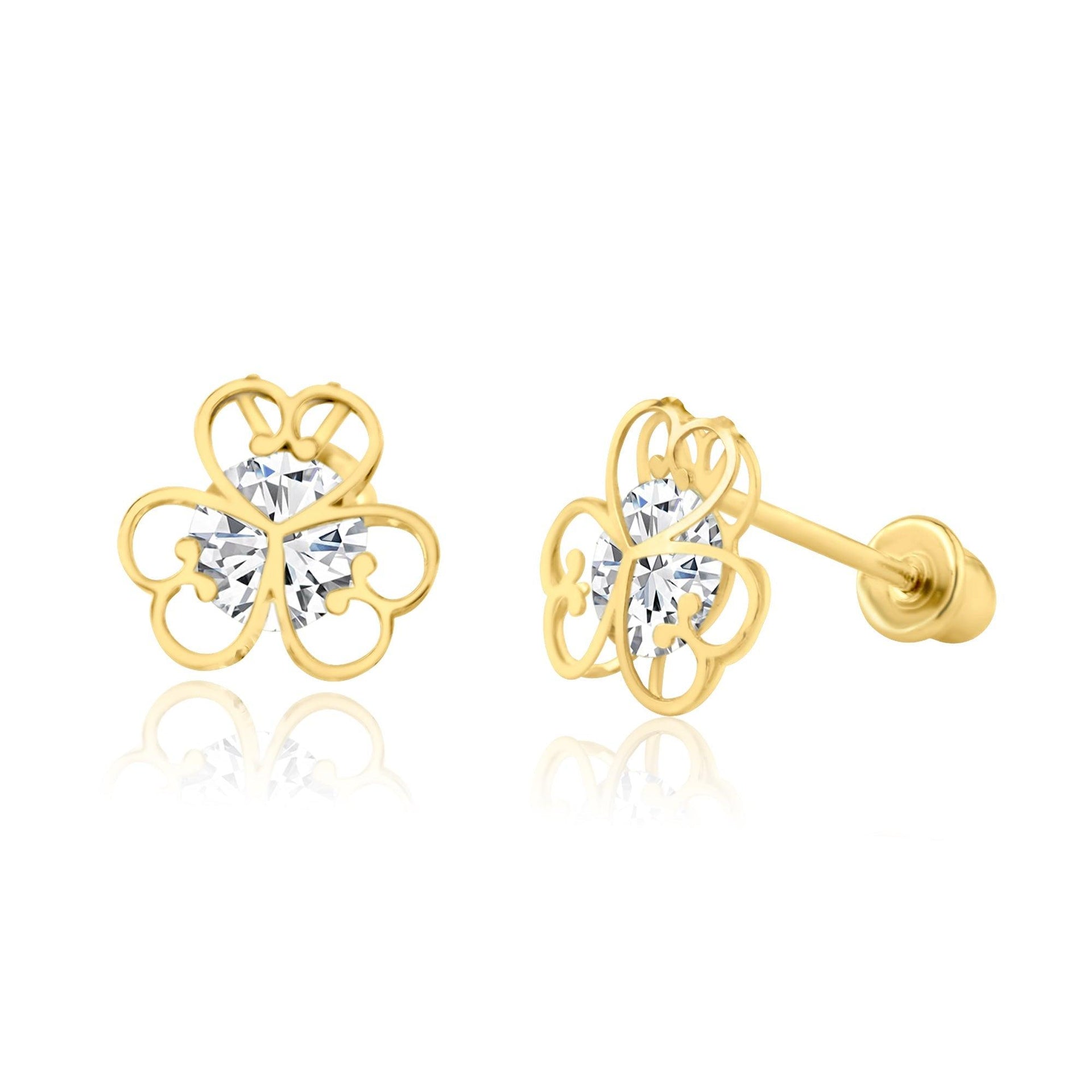 14E00215. - 14 Karat Yellow Gold CZ Open Flower Screw Back Earring