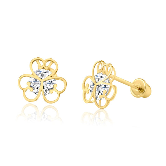 14 Karat Yellow Gold CZ Open Flower Screw Back Earring | Silver Palace Inc.