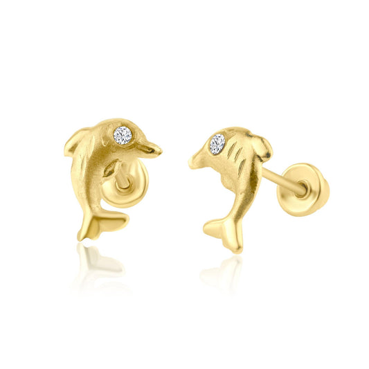 14 Karat Yellow Gold CZ Dolphin Screw Back Earring | Silver Palace Inc.