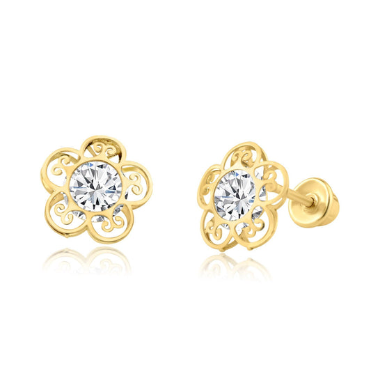 14 Karat Yellow Gold CZ Flower Screw Back Earring | Silver Palace Inc.