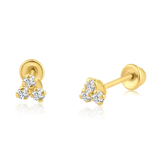 14 Karat Yellow Gold 3 CZ Stud Screw Back Earring | Silver Palace Inc.