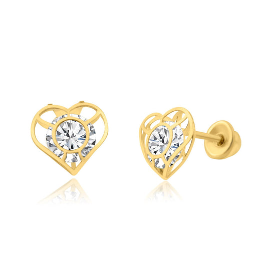 14 Karat Yellow Gold CZ Heart Screw Back Earring | Silver Palace Inc.