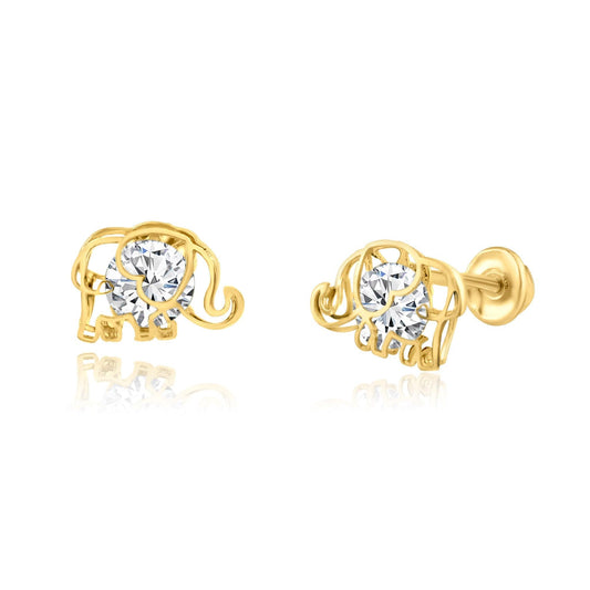 14 Karat Yellow Gold CZ Elephant Screw Back Earring | Silver Palace Inc.